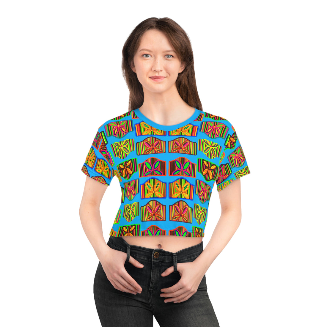 Aqua Deco Print AOP Crop Tee