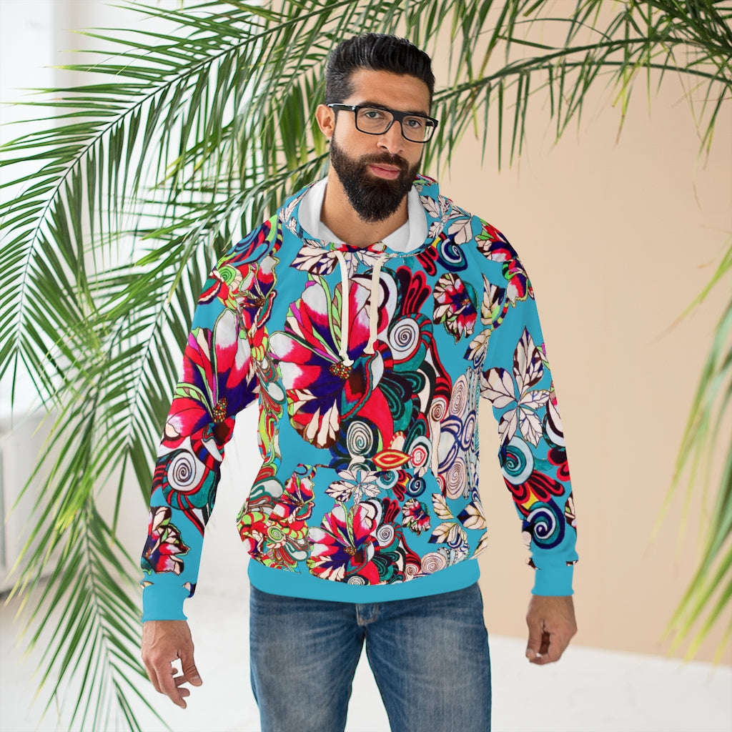 Unisex Artsy Floral Pop Pullover Aqua Hoodie