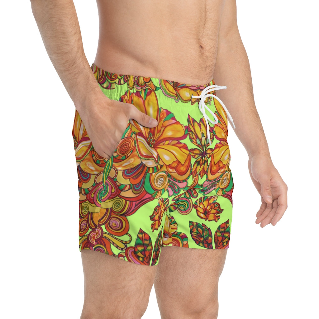 Artsy Floral Men's Lime Swimming Trunks