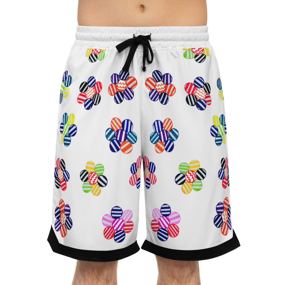 White Geo Floral Basketball Rib Shorts (AOP)