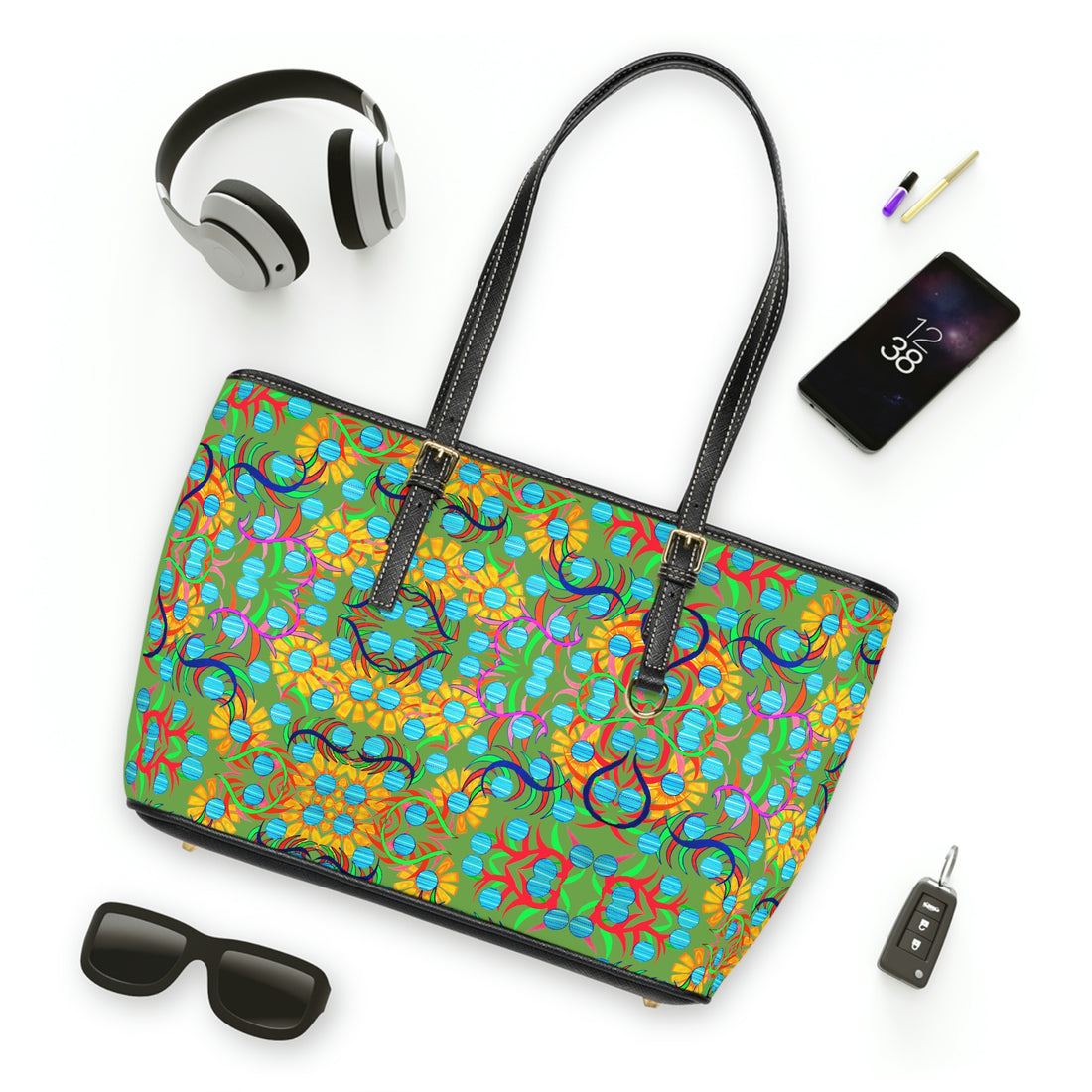 olive sunflower print pu leather zipper tote bag
