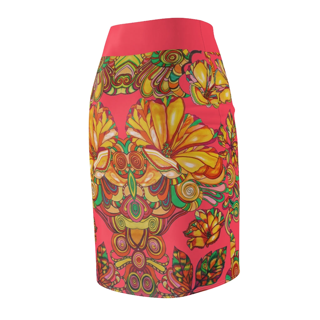 Artsy Floral Coral Red Pencil Skirt