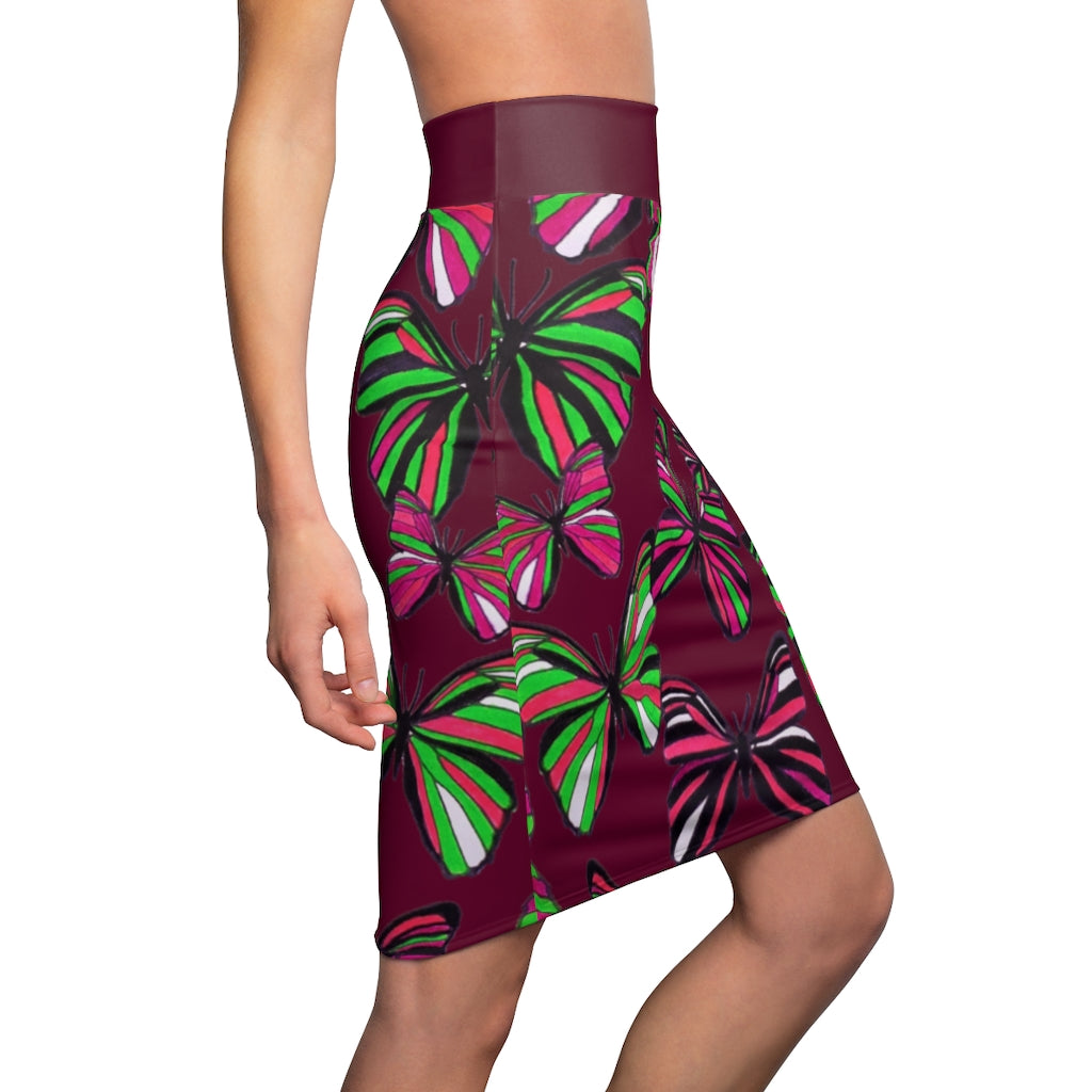 Marsala Butterflies Pencil Skirt