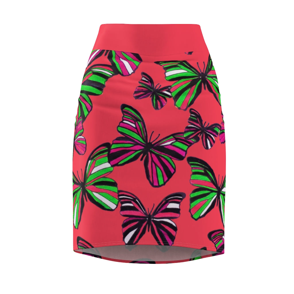 Coral Red Butterflies Pencil Skirt
