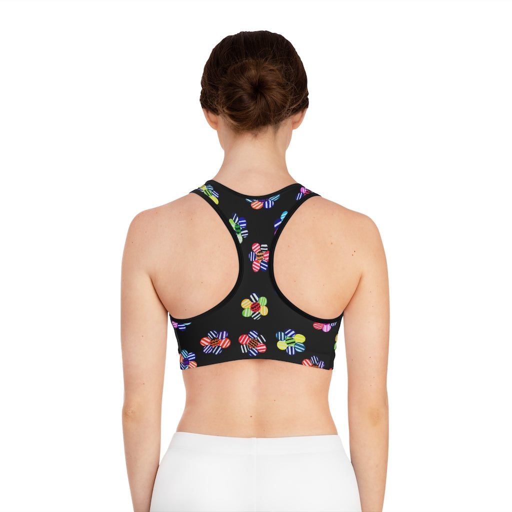 black geometric flowers sports bra