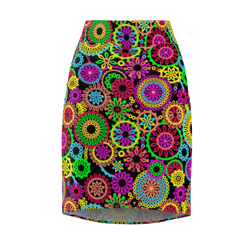 AOP 70's Black Pencil Skirt