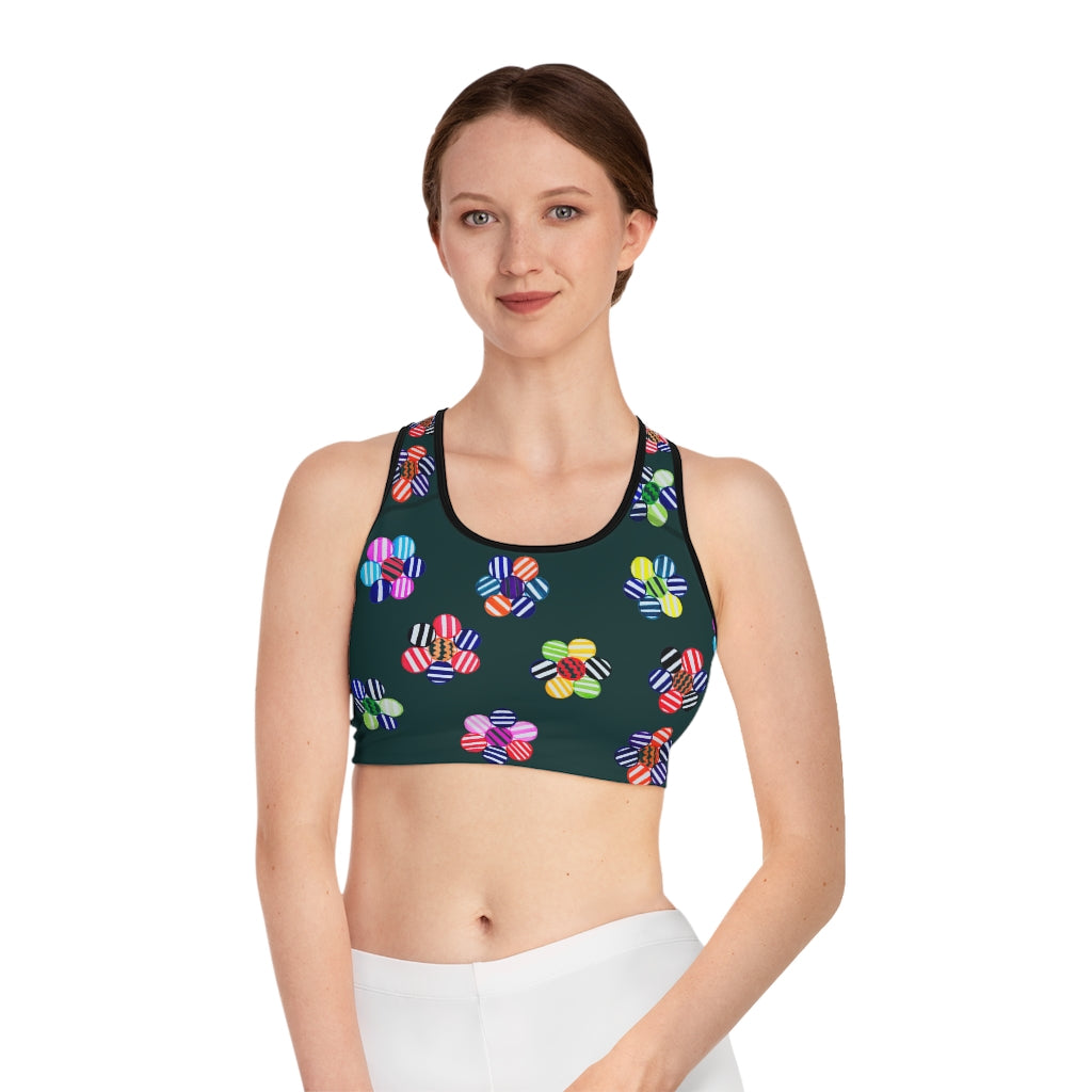 Bottle Green Candy Florals (AOP) Sports Bra