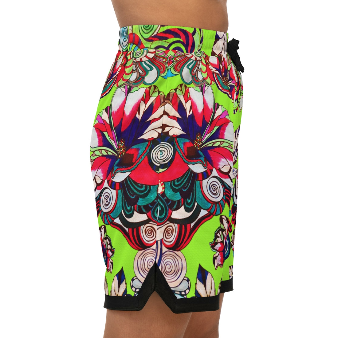 Lime Green Graphic Floral Basketball Rib Shorts (AOP)