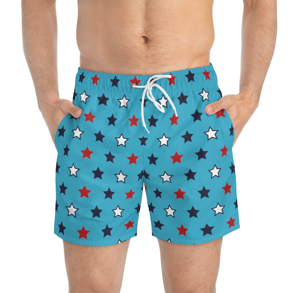 aqua star print 4th of July men's swimming trunks by labelrara