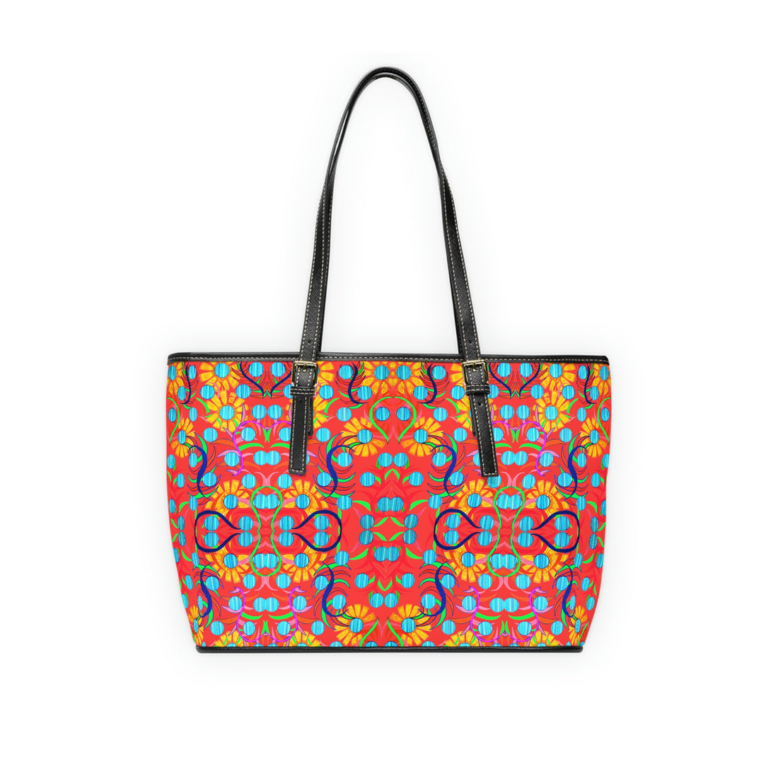 vermillion pu leather sunflower print oversize tote bag