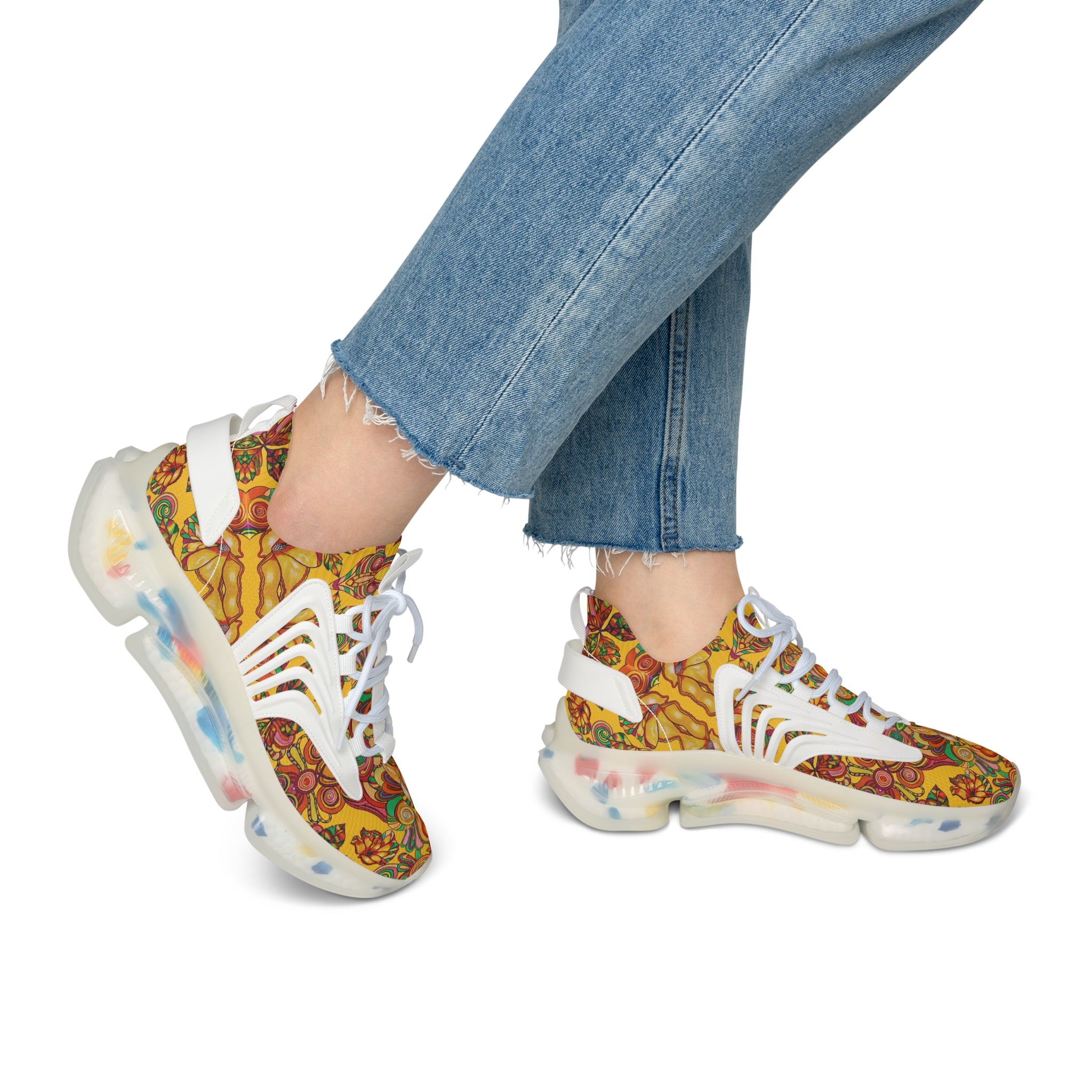 Yellow Artsy Floral OTT Women's Mesh Knit Sneakers