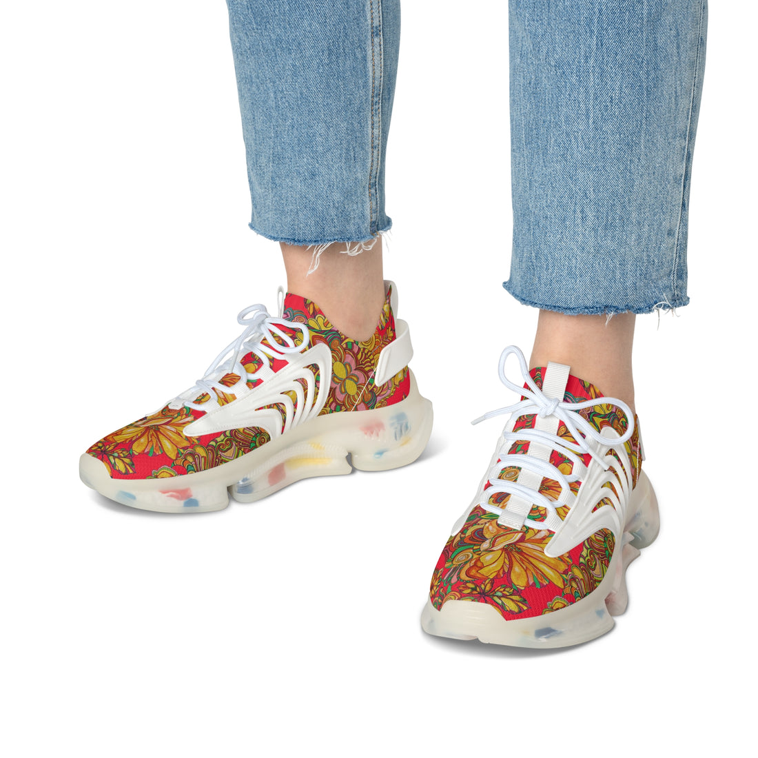 Red Artsy Floral OTT Women's Mesh Knit Sneakers