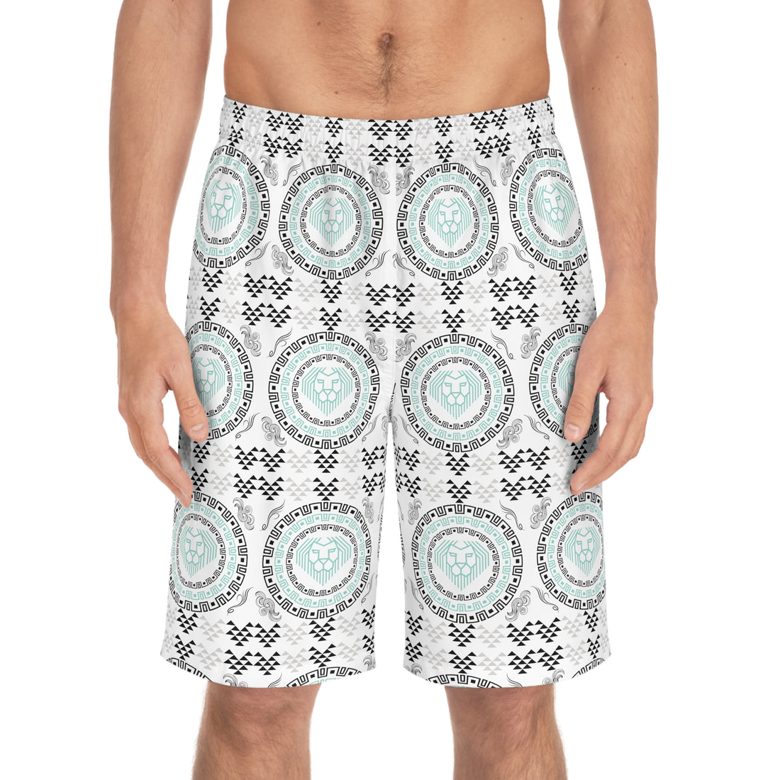 White Geo Lion Head Men's Board Shorts (AOP)