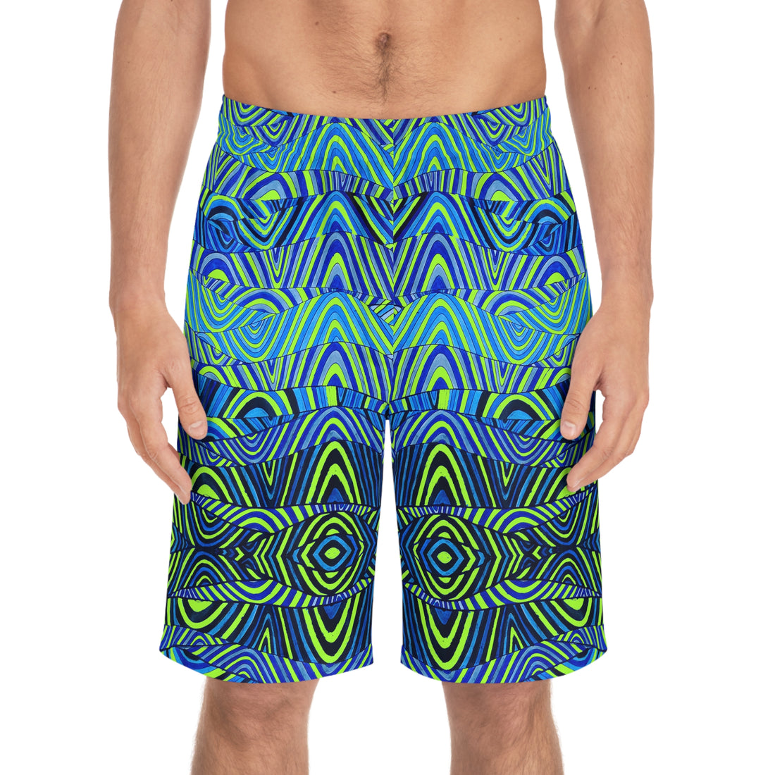 Lime Green Sonic Print Men's Board Shorts (AOP)