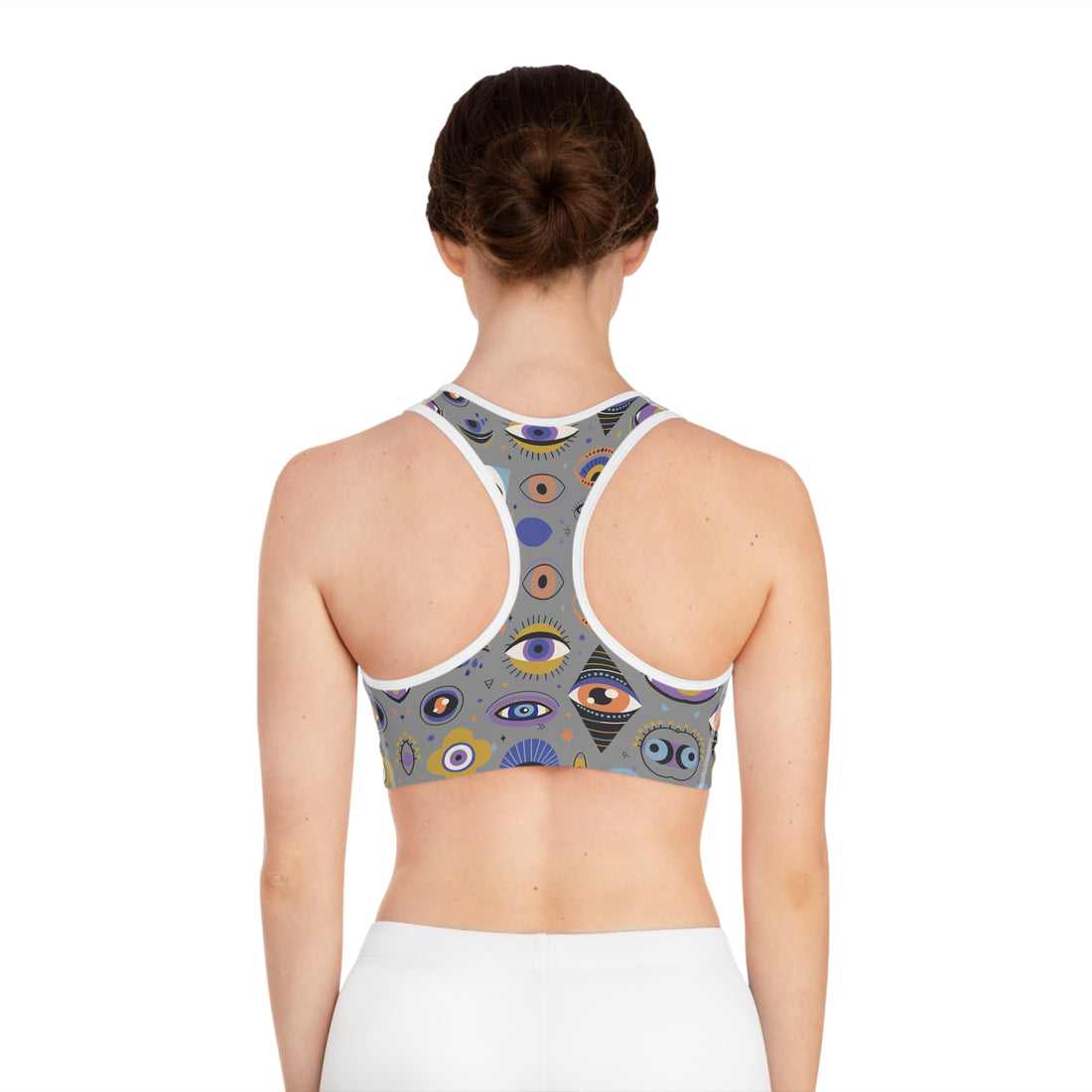 Grey Abstract Evil Eye Racerback (AOP) Sports Bra