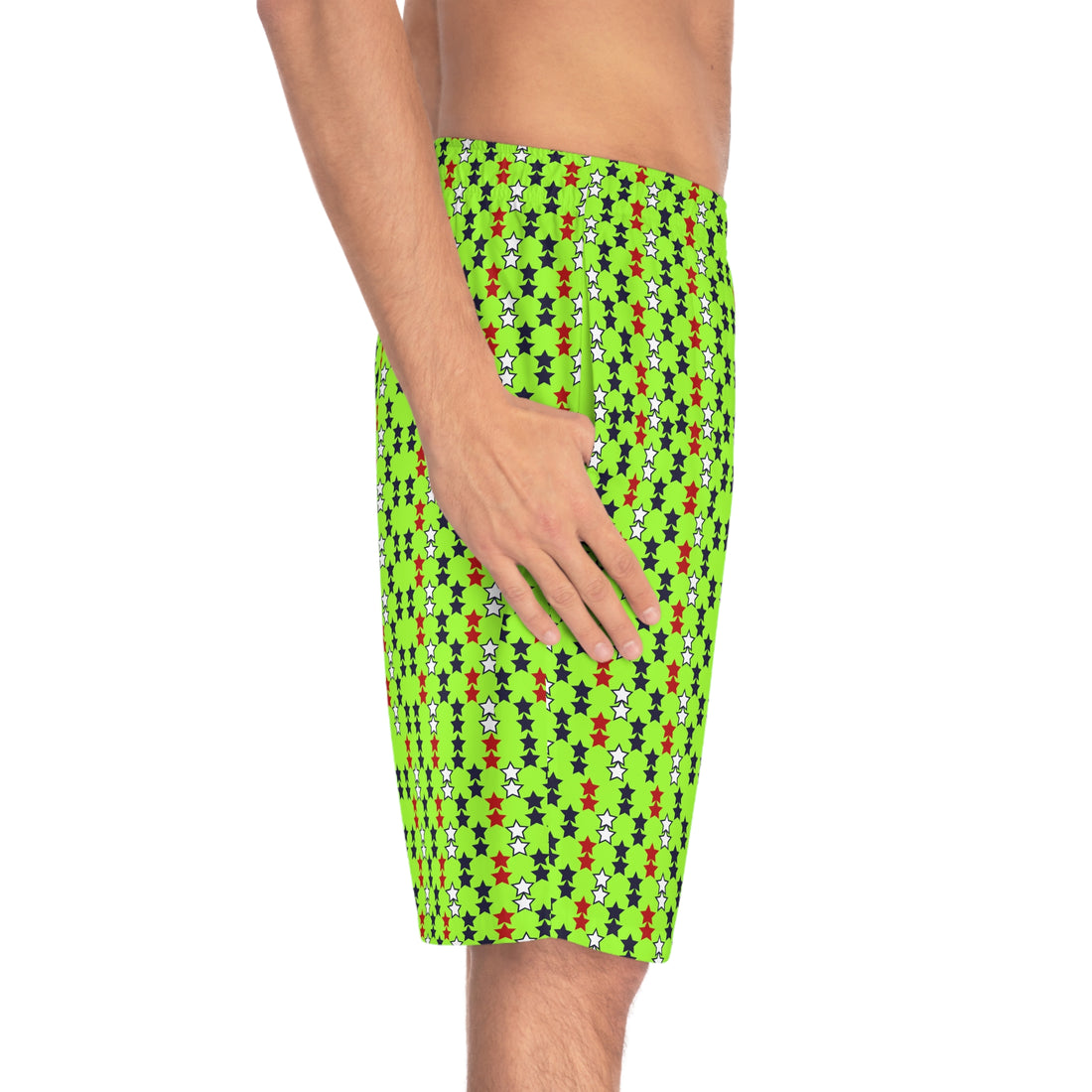 Lime Green Star Print Men's Board Shorts (AOP)