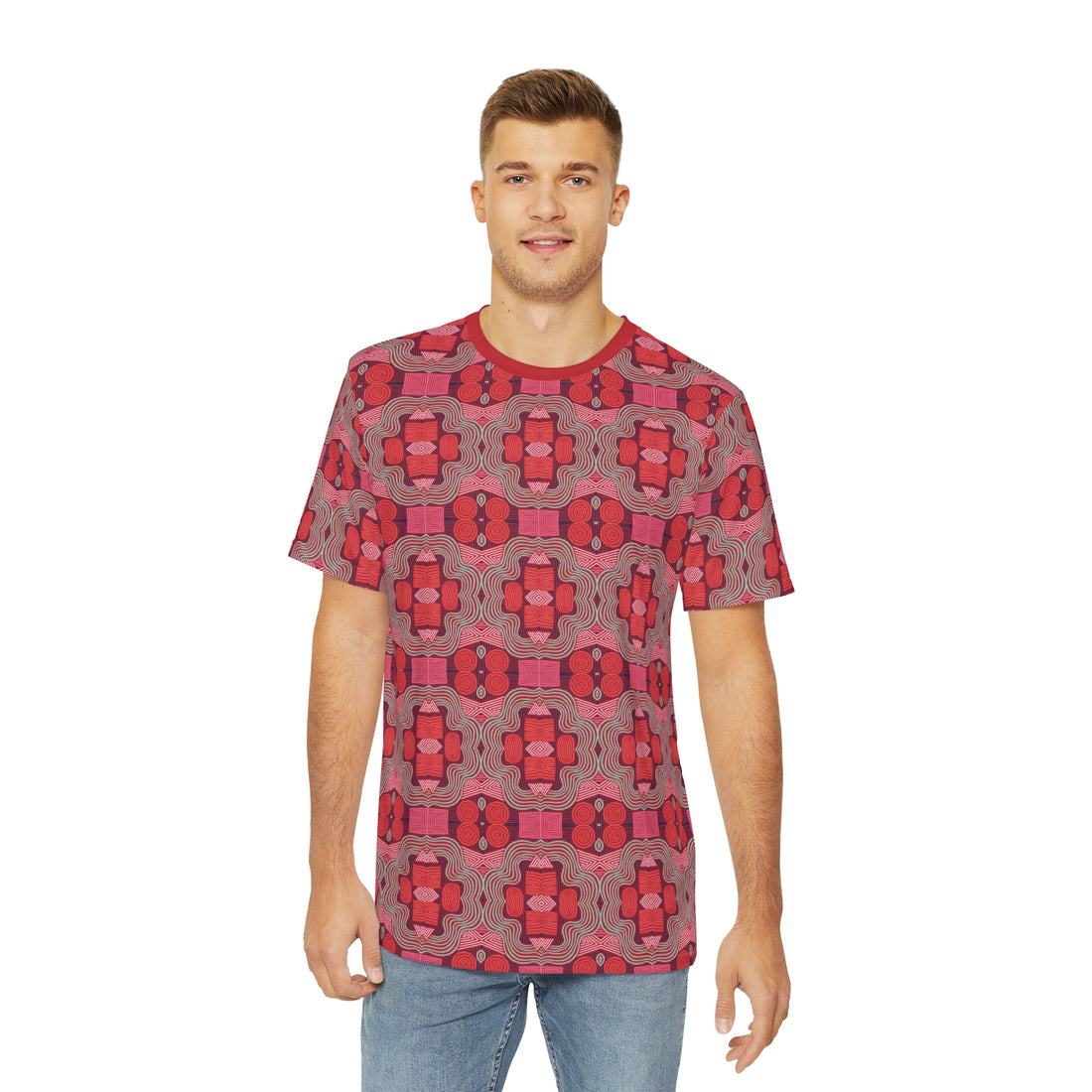 Red Geometric Print Men's Polyester Tee (AOP)