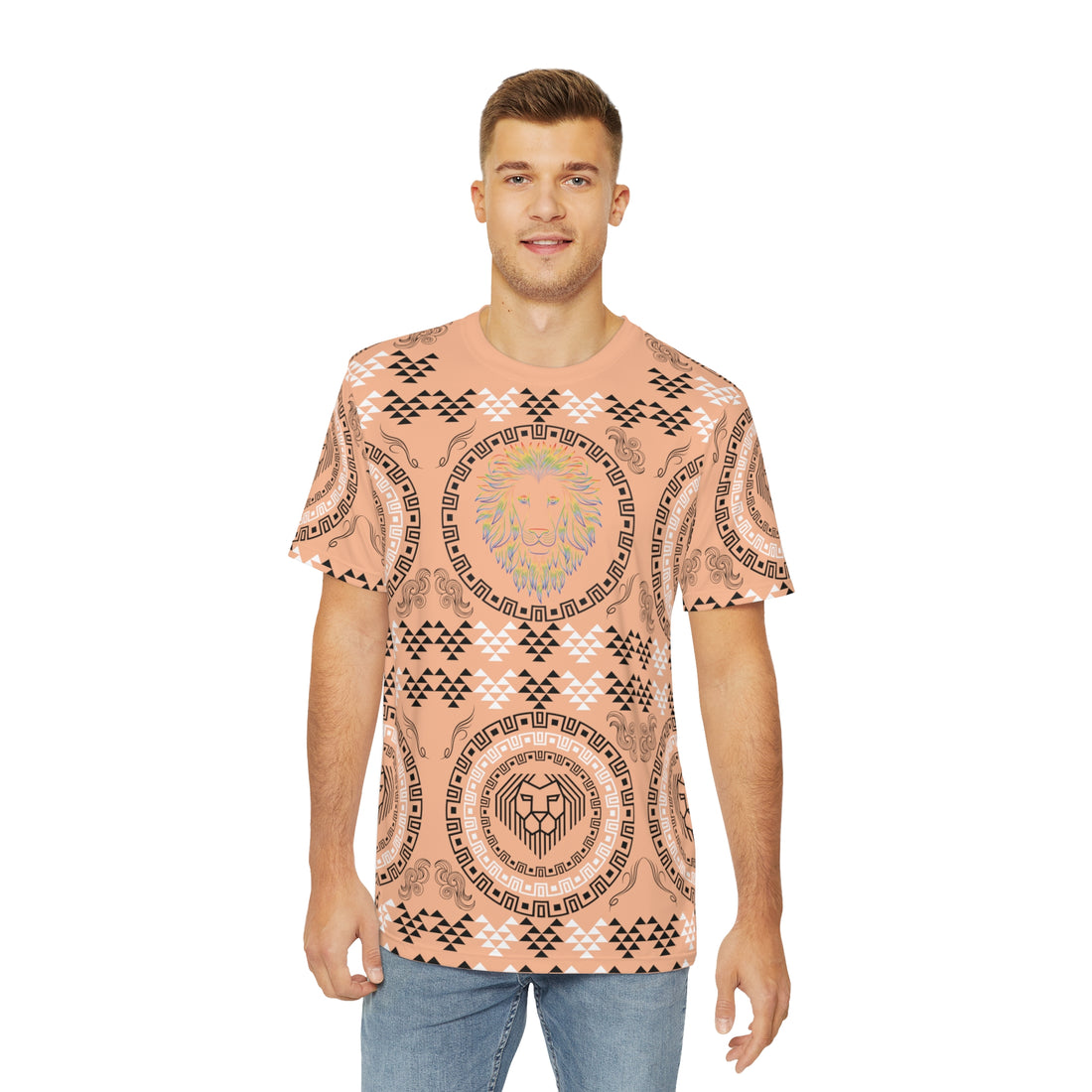 Peach Geo Lion Head Polyester Tee (AOP)