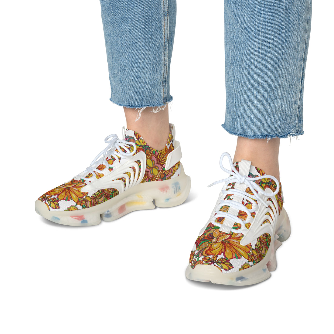 White Artsy Floral OTT Women's Mesh Knit Sneakers