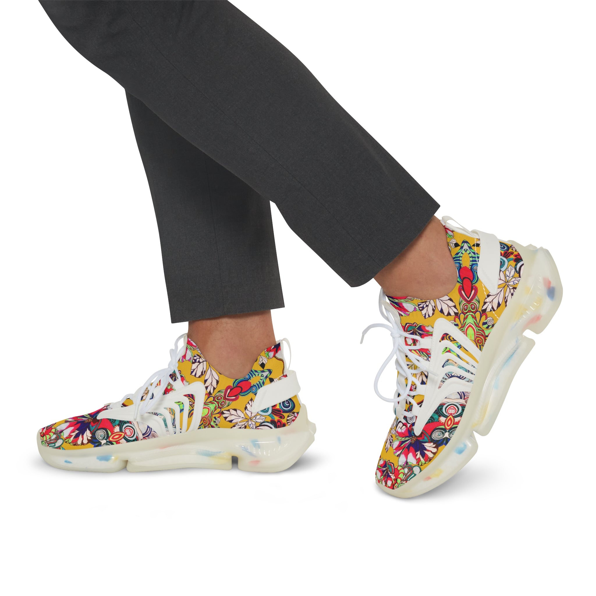 yellow men's graphic floral print mesh knit sneakers