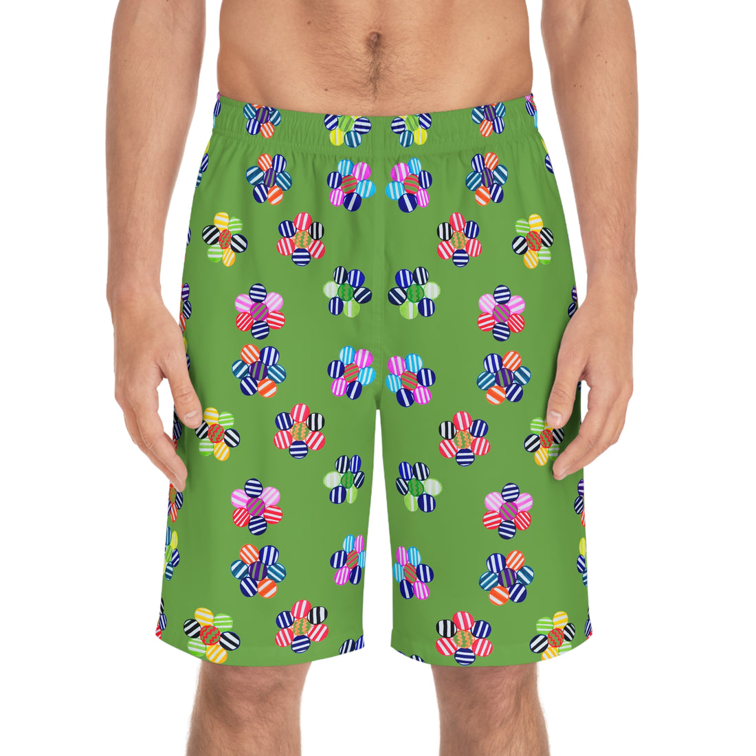 Olive Geo Candy Floral Men's Board Shorts (AOP)