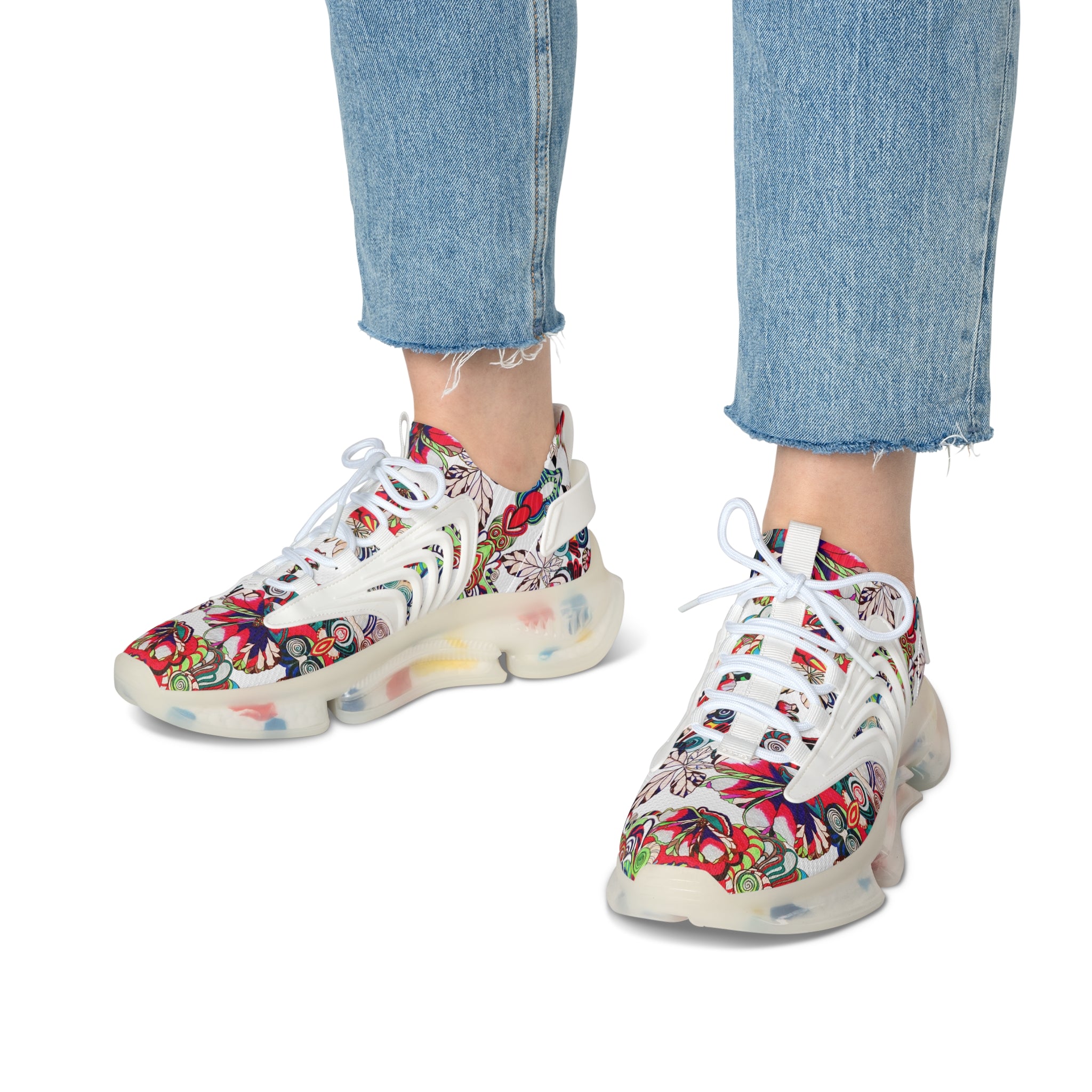 White Floral Pop OTT Women's Mesh Knit Sneakers