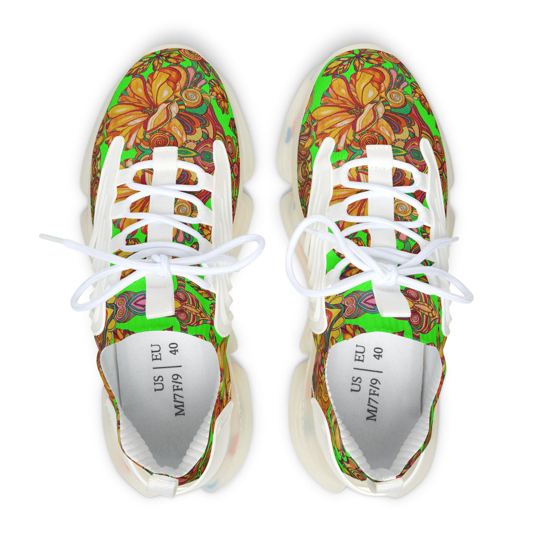 women's neon green floral print mesh knit sneakers