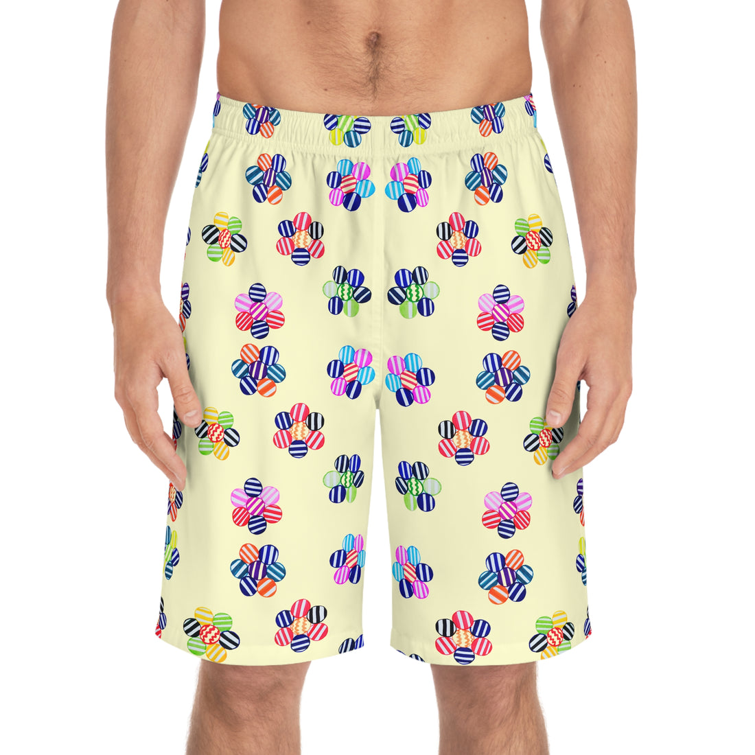 Cream Geo Candy Floral Men's Board Shorts (AOP)