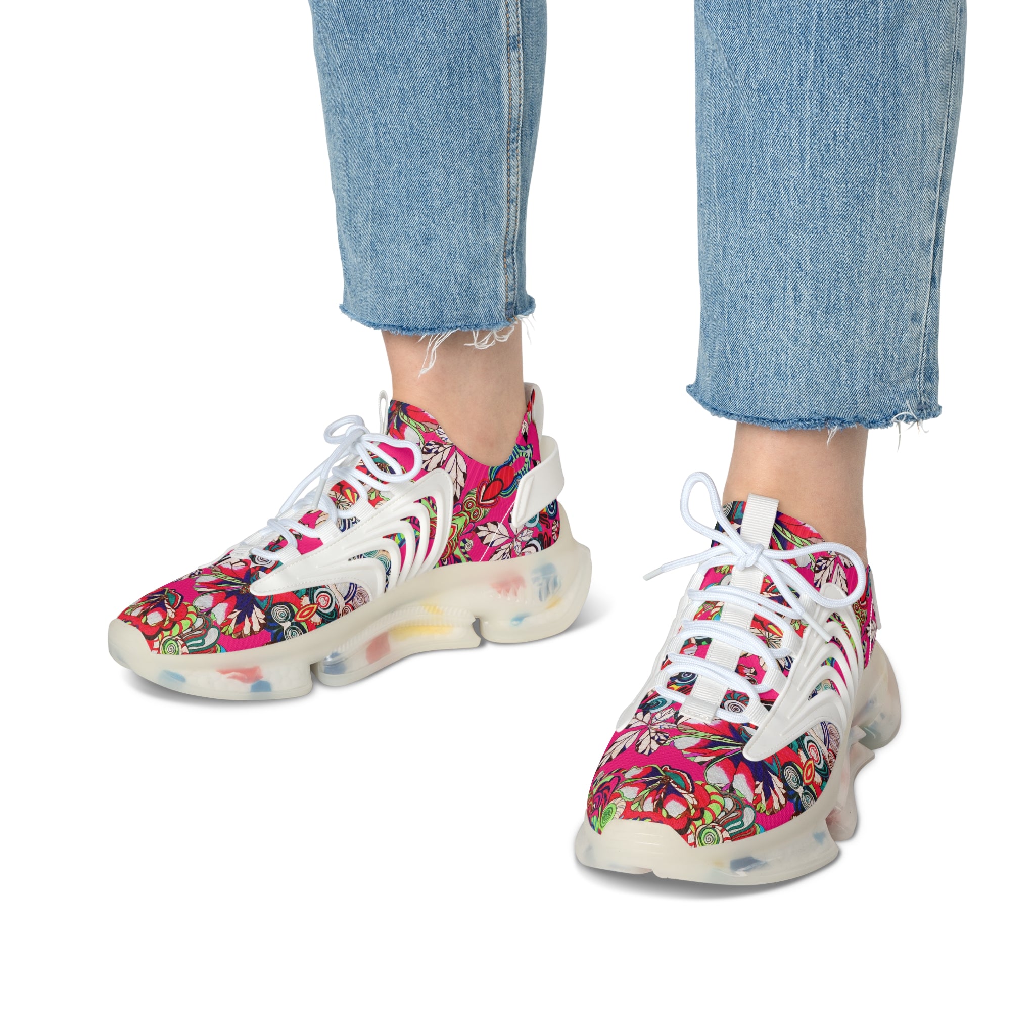 Hot Pink Floral Pop OTT Women's Mesh Knit Sneakers