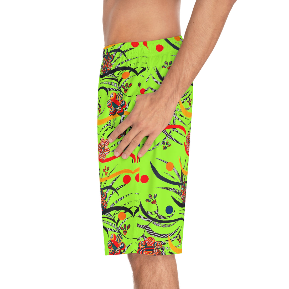 Lime Green Wilderness Print Men's Board Shorts (AOP)