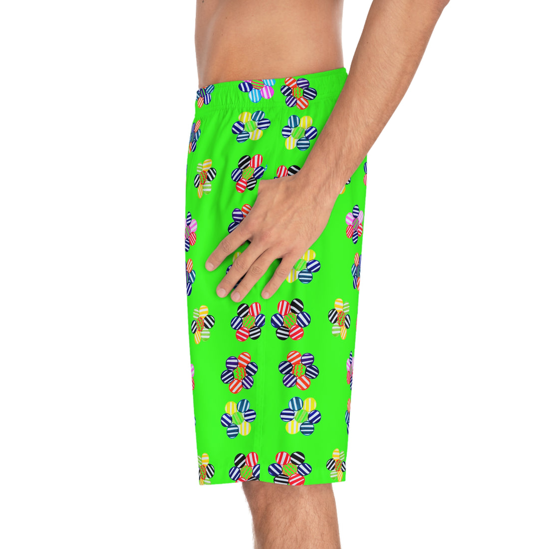 Neon Green Geo Candy Floral Men's Board Shorts (AOP)