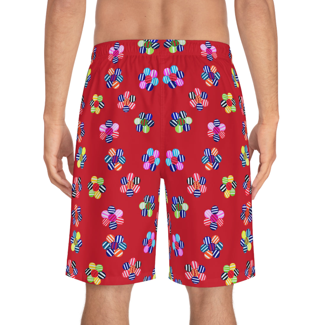 dark red geometric floral board shorts for men with elastic waistband