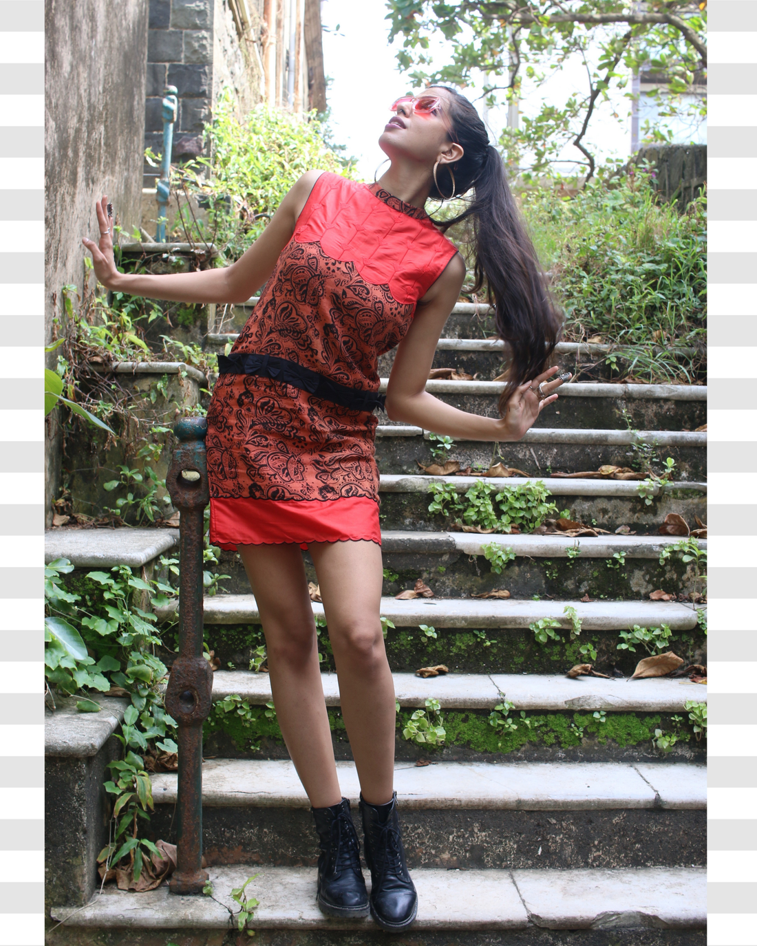 Agnija Orange Handloom Linen Block printed & Naturally Dyed Paisley Shift Dress Dress