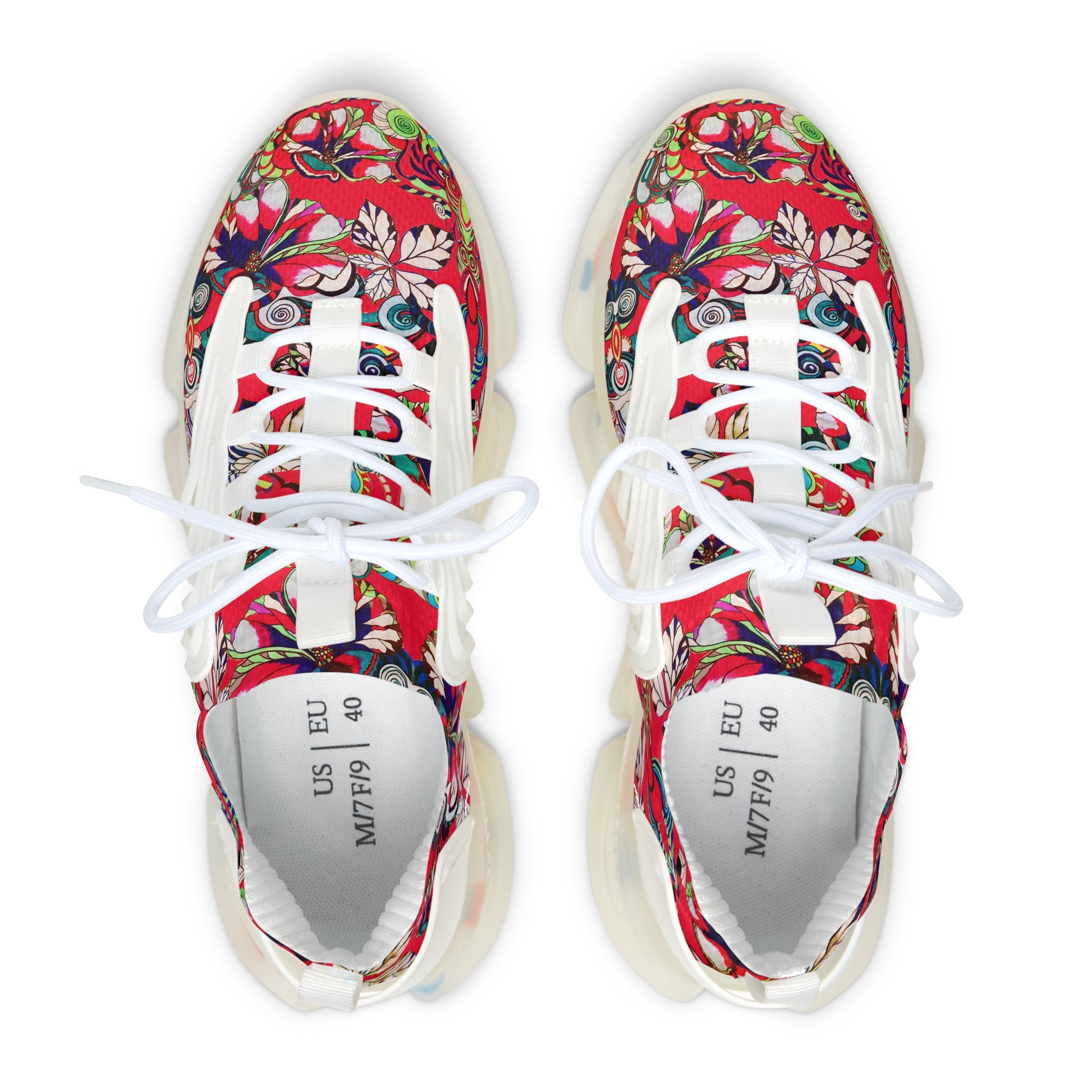 red women's graphic floral print mesh knit sneakers