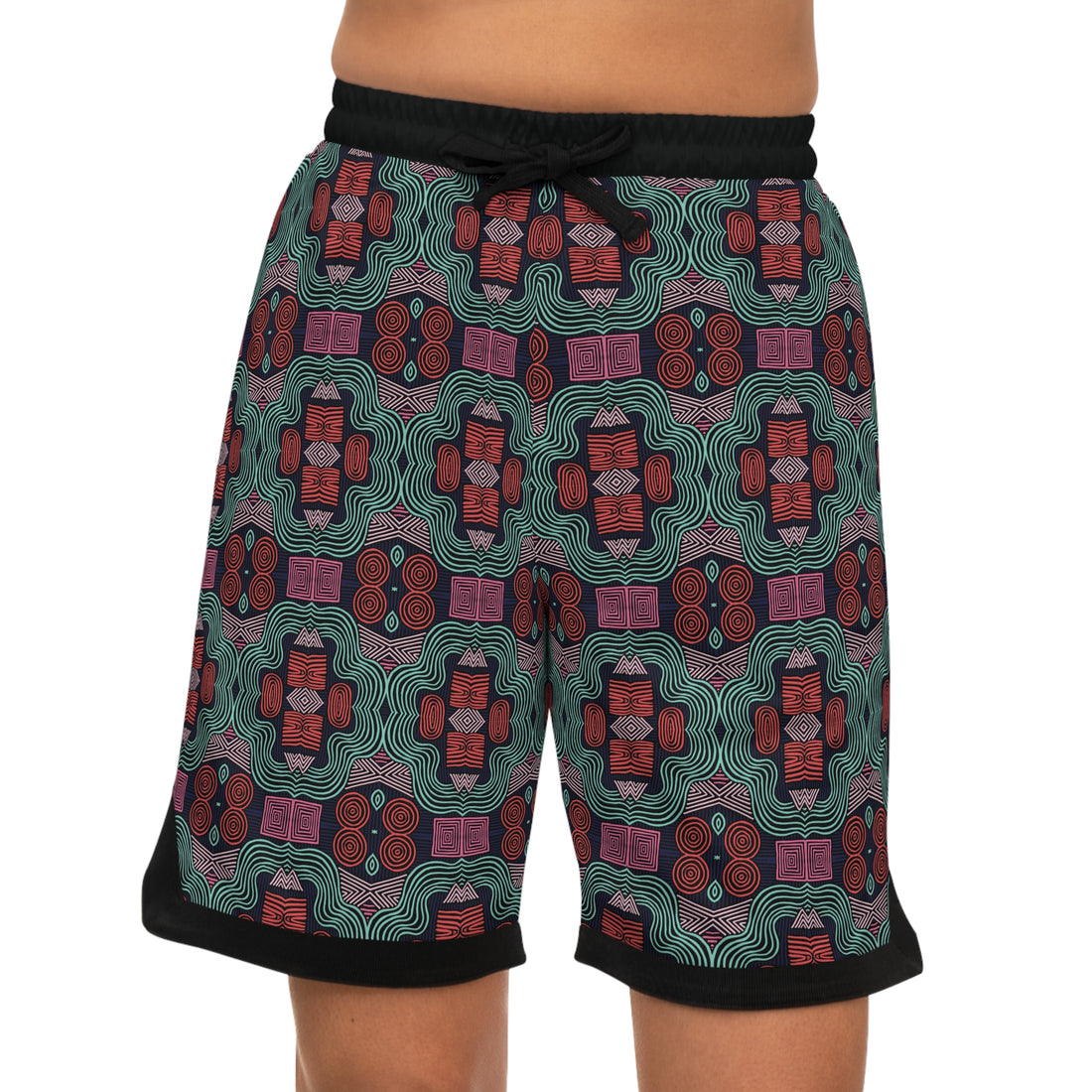 Black Geometric Print Basketball Rib Shorts (AOP)