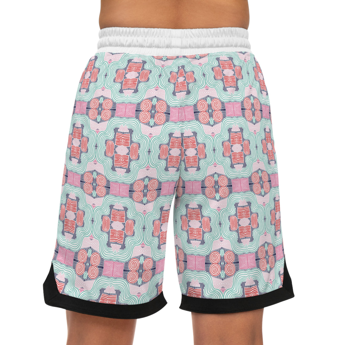 White Geometric Print Basketball Rib Shorts (AOP)