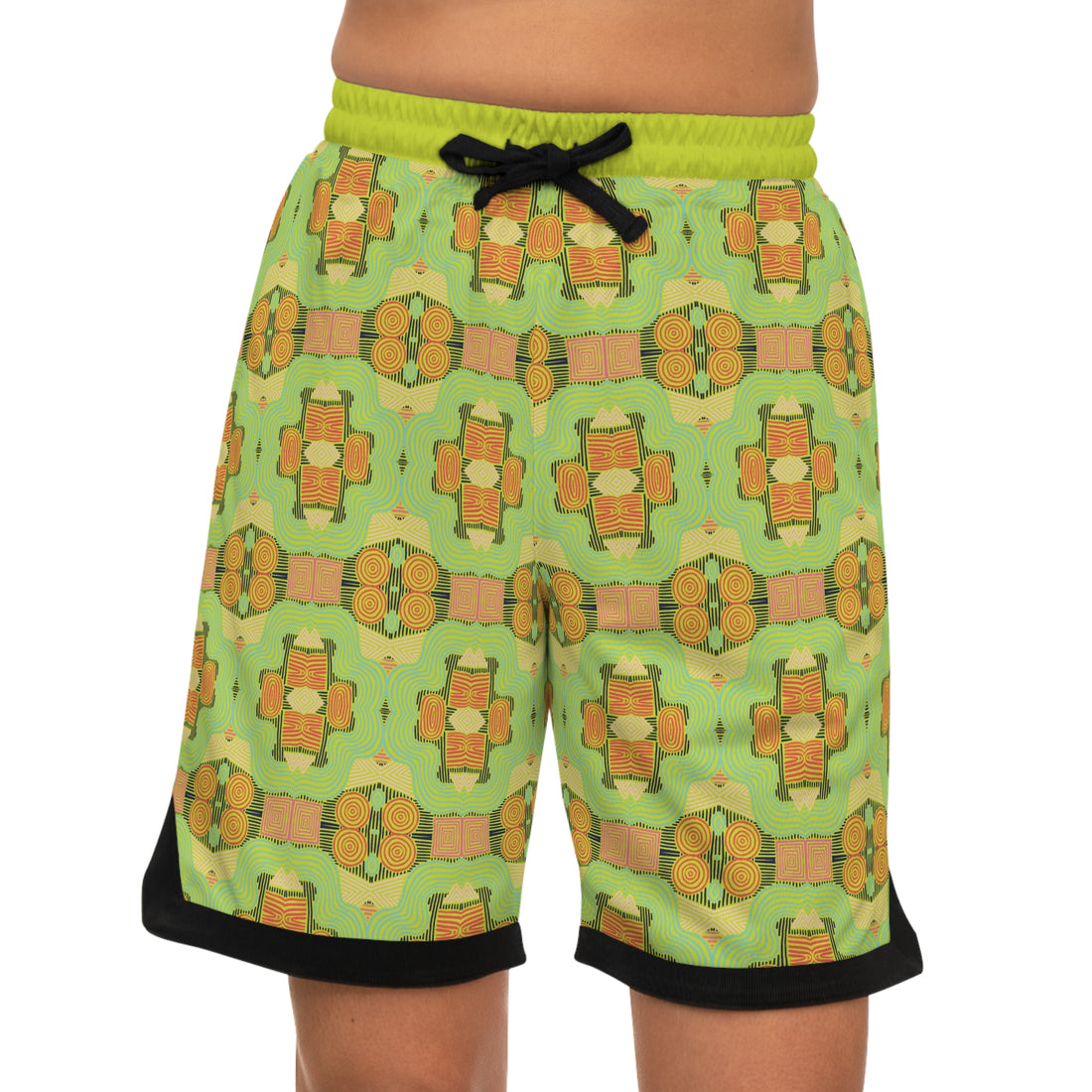 Lime Geometric Print Basketball Rib Shorts (AOP)