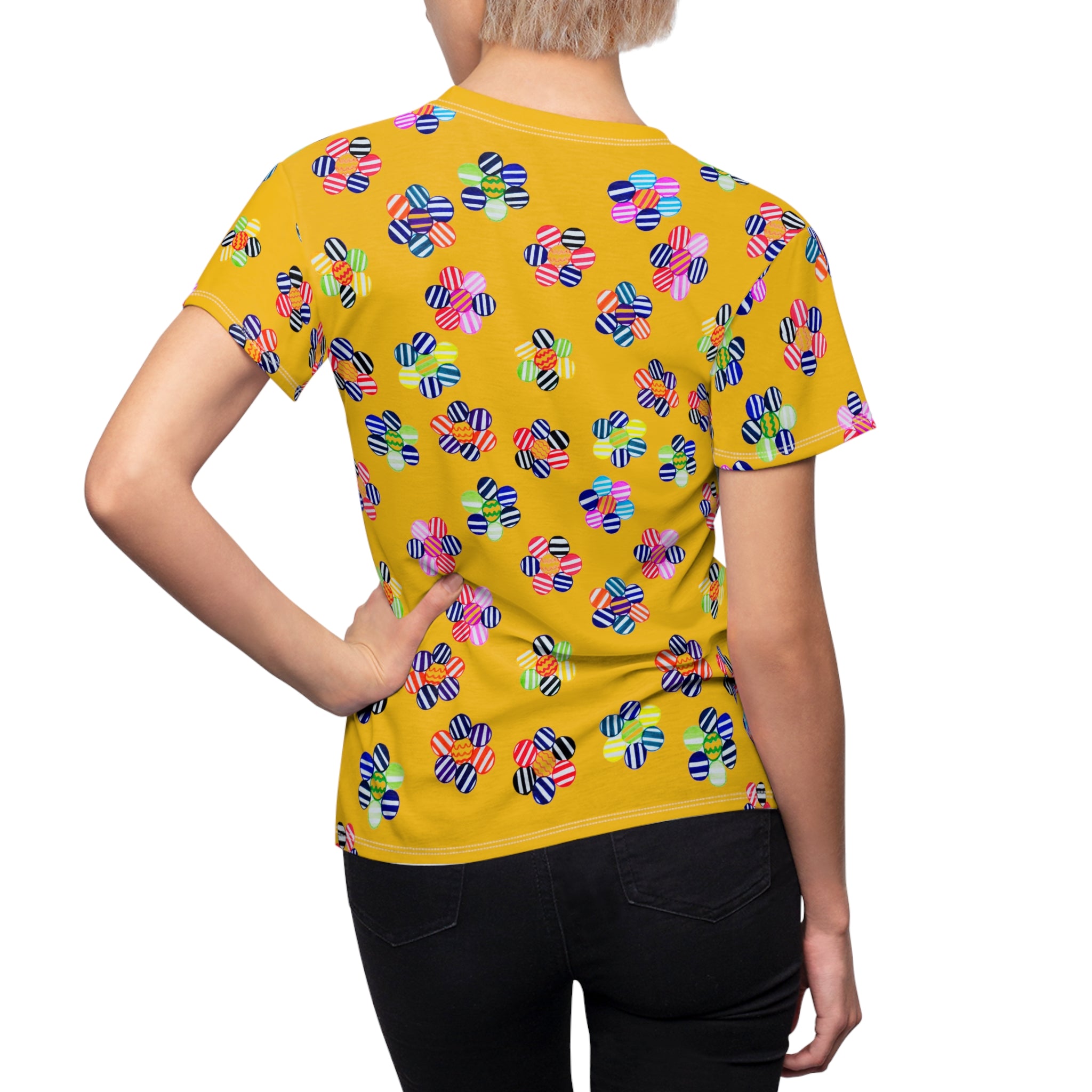 Yellow Candy Floral AOP Women's Cap Sleeves T-shirt