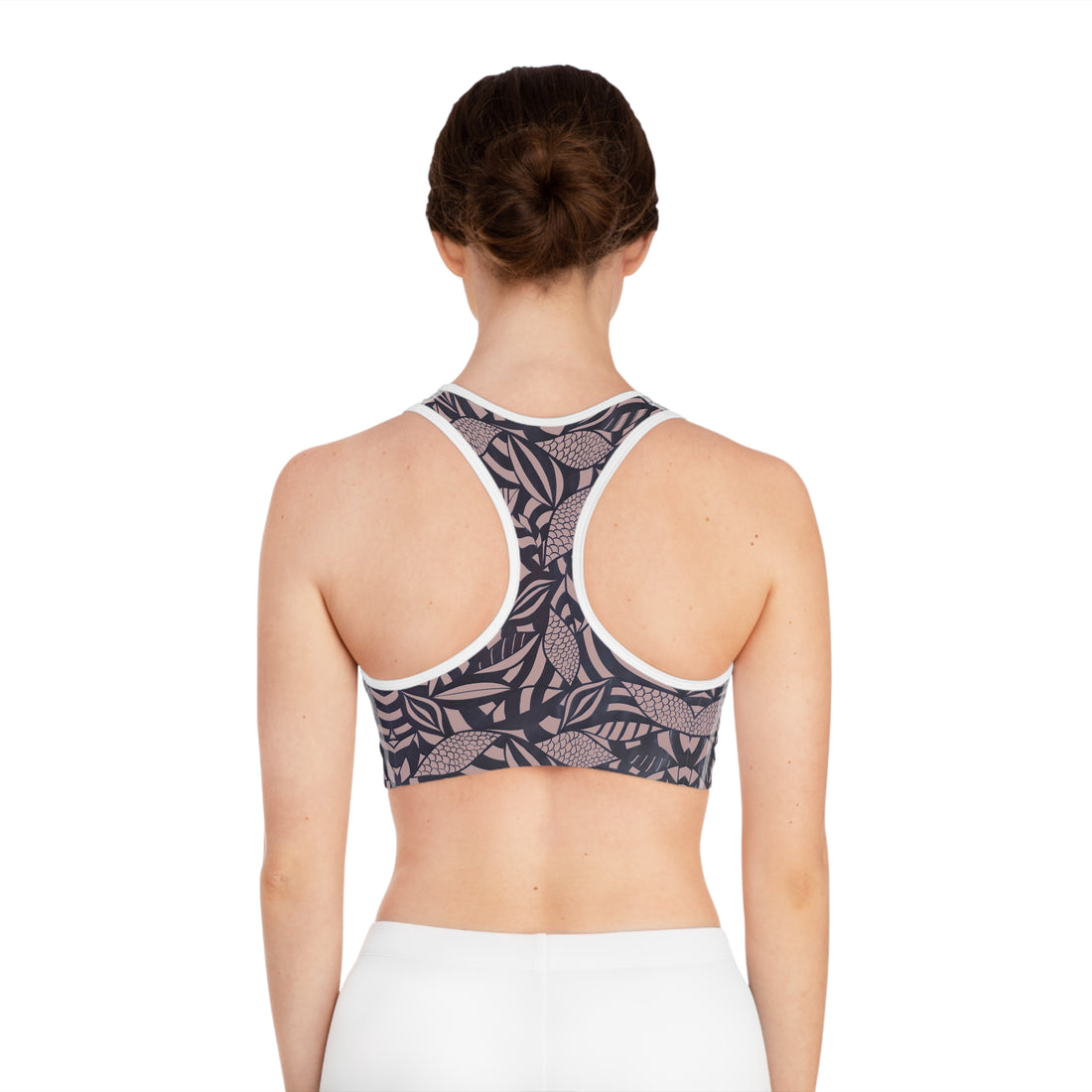 Taupe Tropical Minimalist Racerback (AOP) Sports Bra