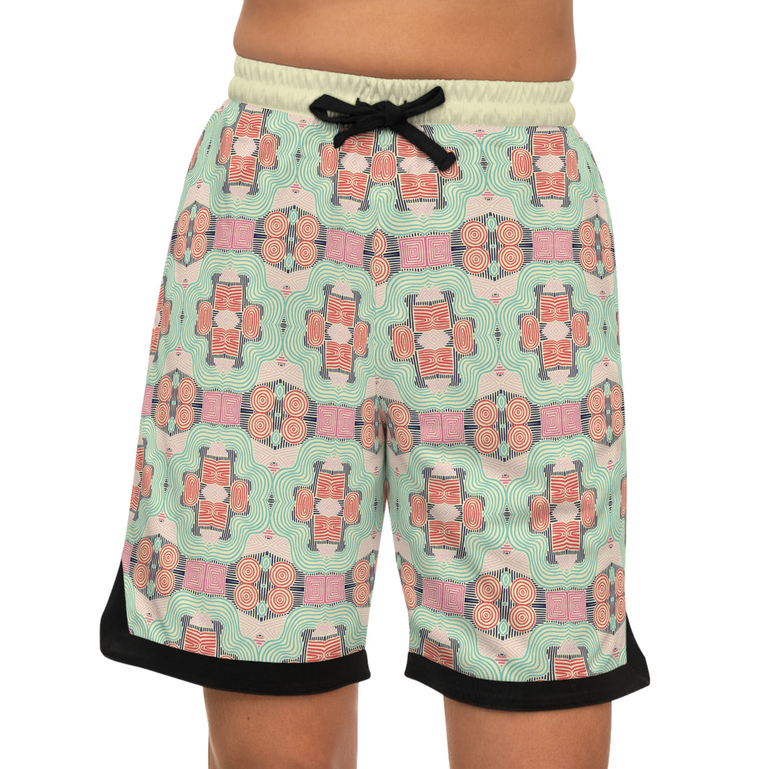 Cream Geometric Print Basketball Rib Shorts (AOP)