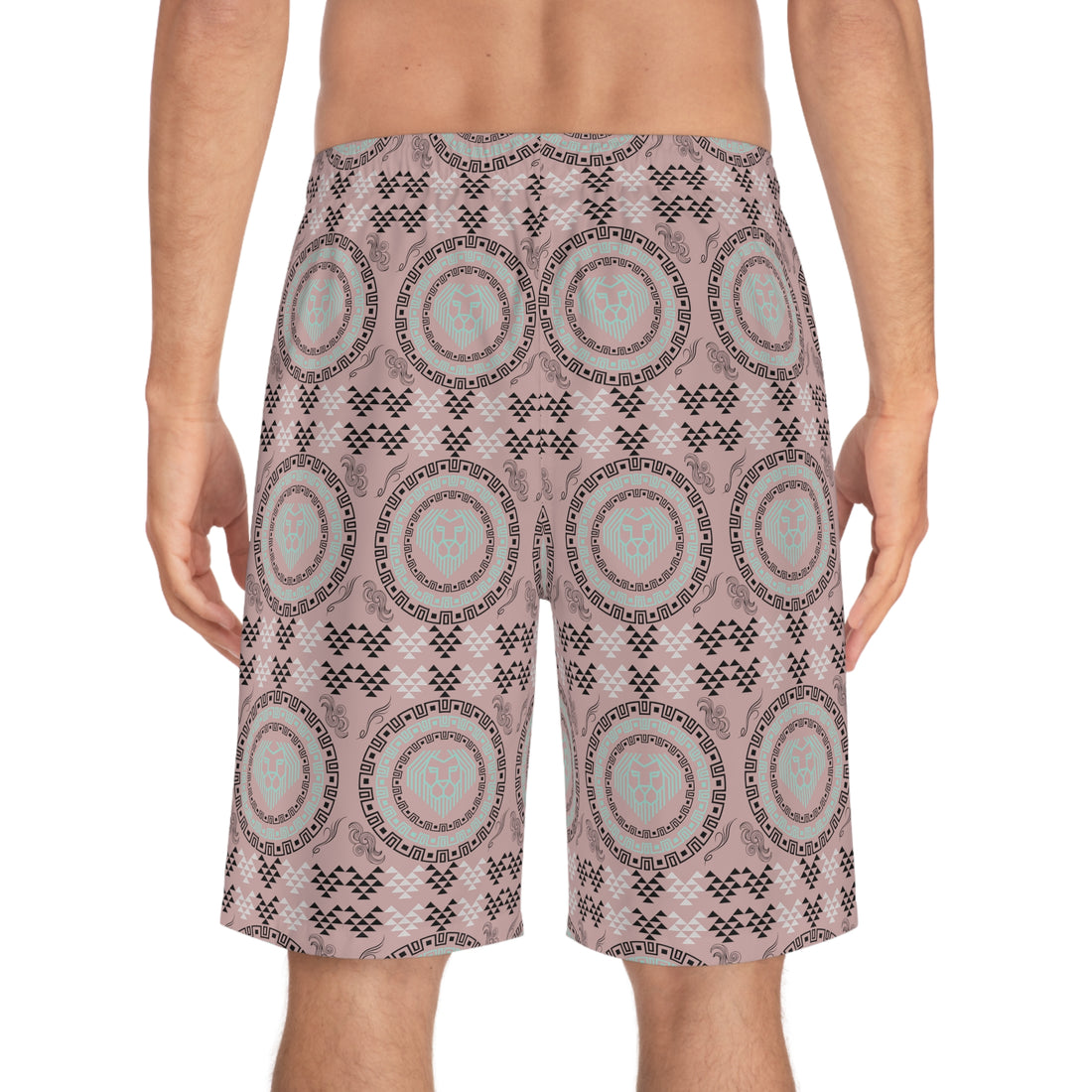 Taupe Geo Lion Head Men's Board Shorts (AOP)