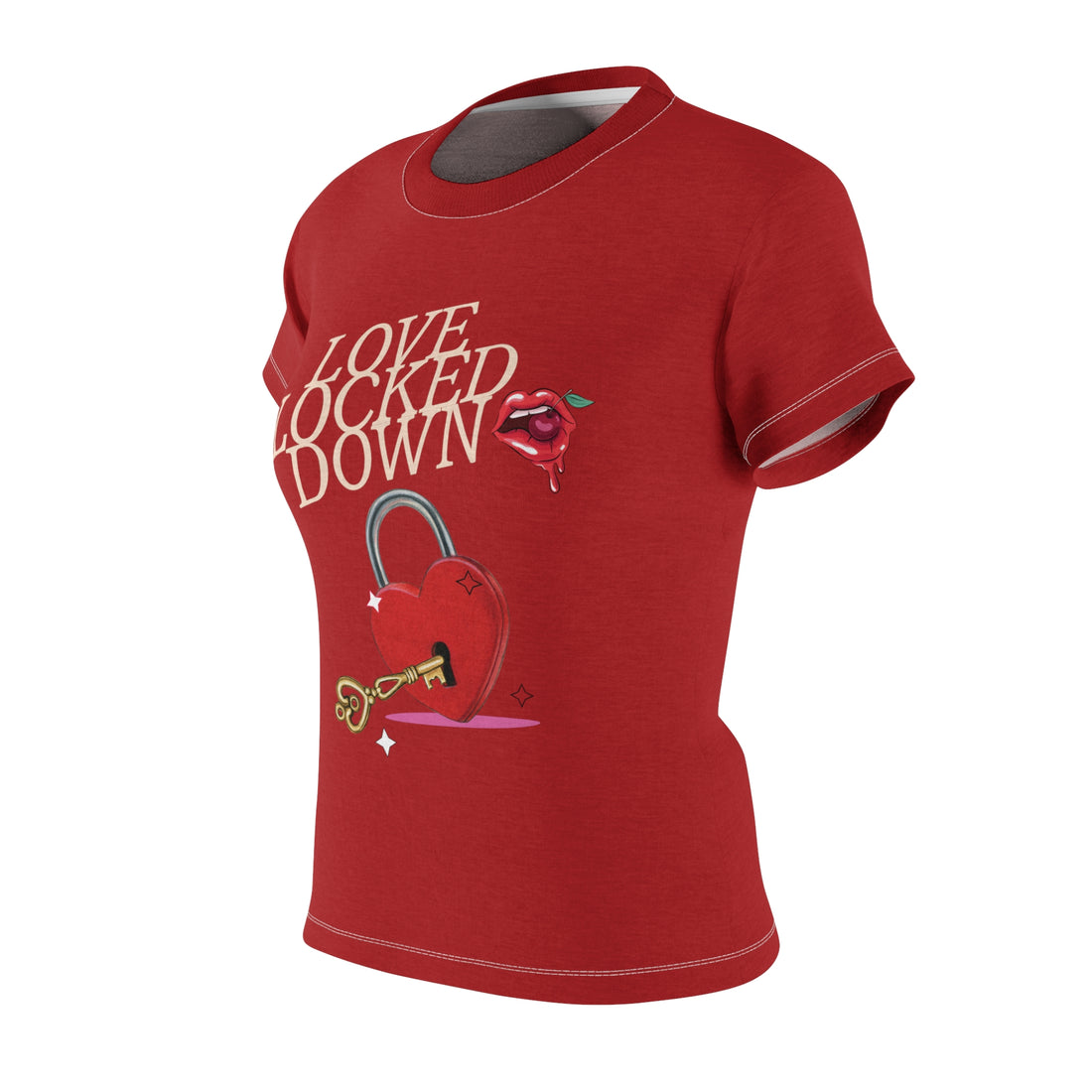 Deep Red Love Locked Typography AOP Women's Cap Sleeves T-shirt