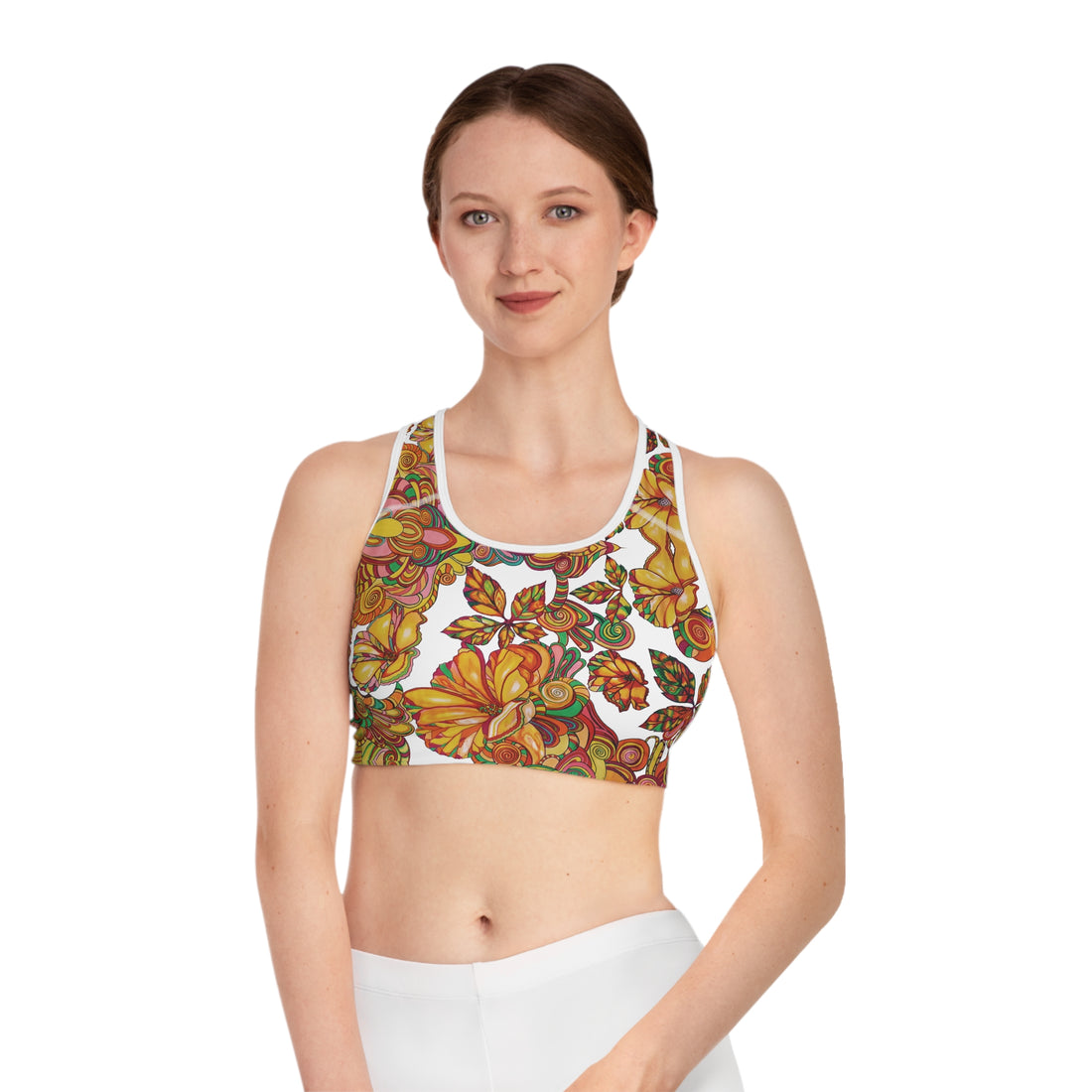 White Artsy Floral Racer Back (AOP) Sports Bra