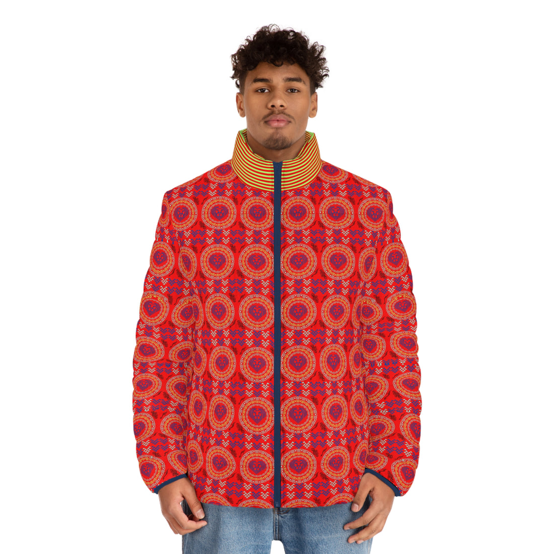 Red Geo Lion Head Men's Puffer Jacket