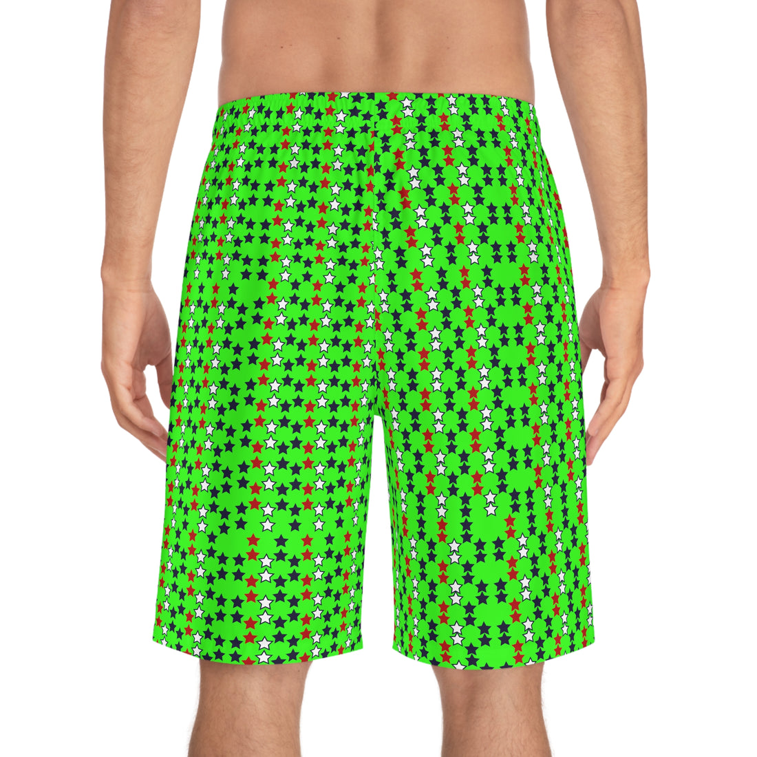 neon green star print board shorts for men