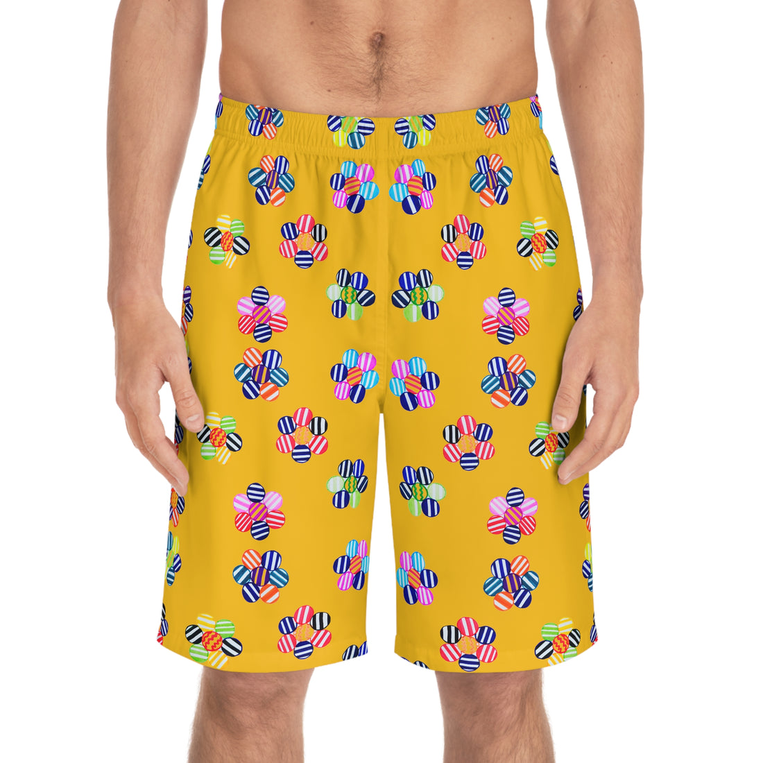 yellow geometric floral board shorts for men with elastic waistband