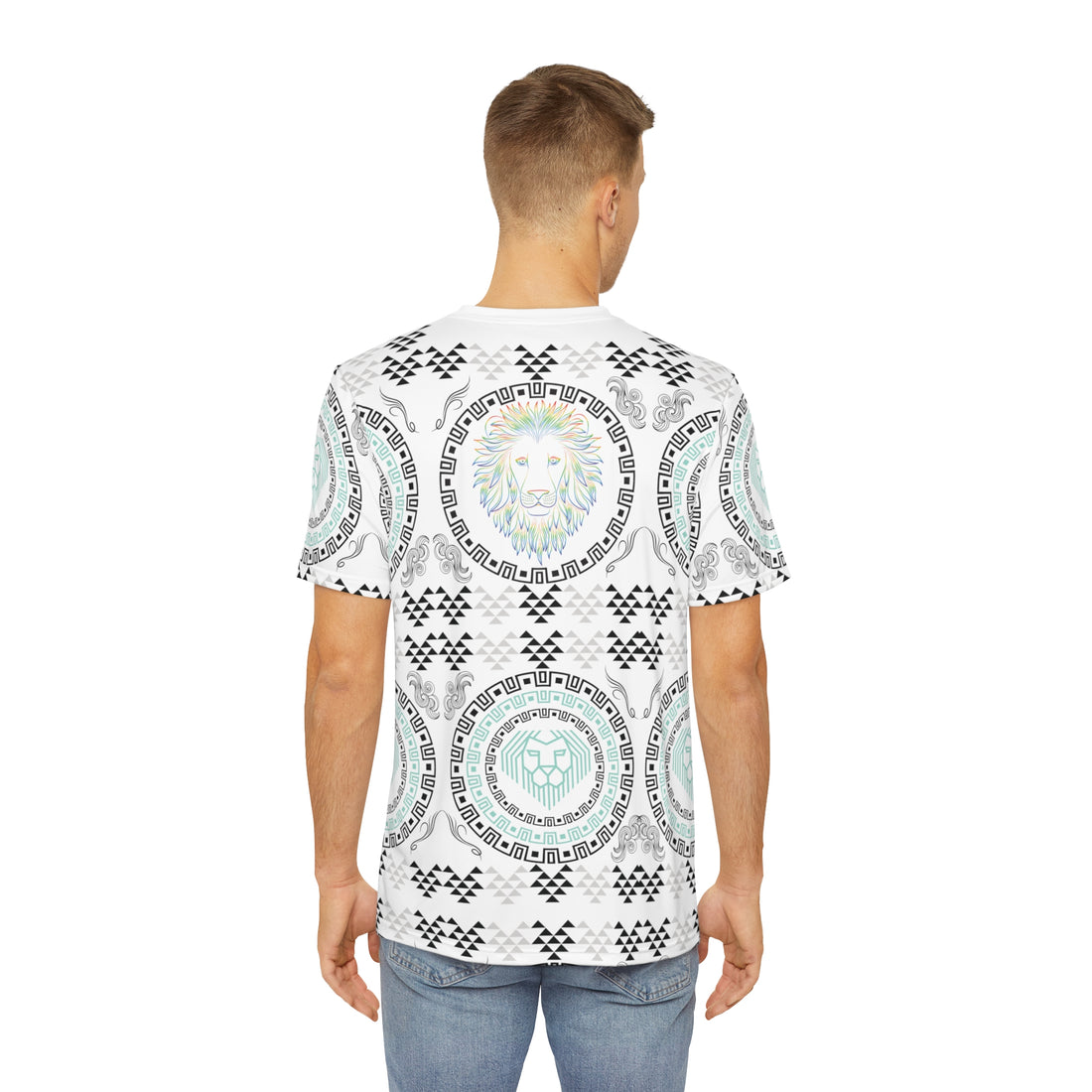 White Geo Lion Head Polyester Tee (AOP)