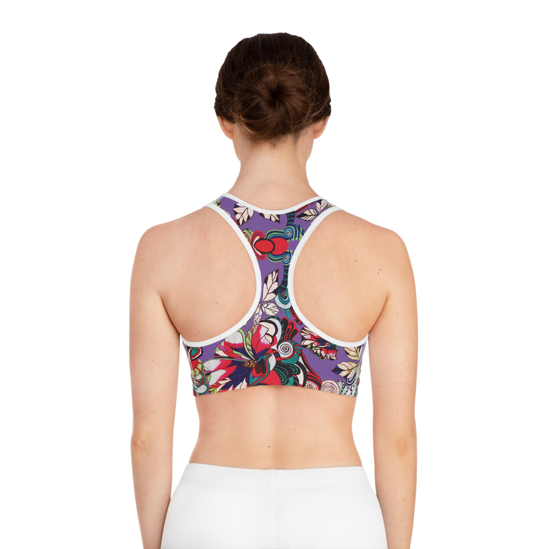 Pearl Purple Graphic Floral Pop Racer Back (AOP) Sports Bra