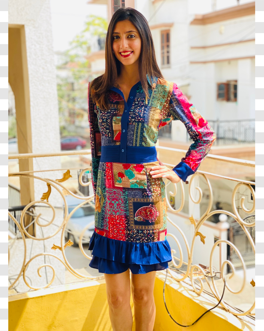 Modest Kitsch Patchwork Print Dress with Ruffle Hem