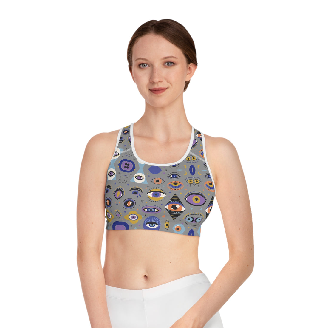 Grey Abstract Evil Eye Racerback (AOP) Sports Bra